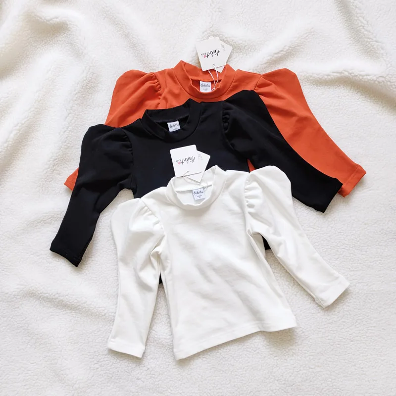 

2020 Fashion Fall Kids Girl Puff Sleeves Solid Shirt Cute Girl Black Orange Stylish Top Bottoming Shirt, As photo