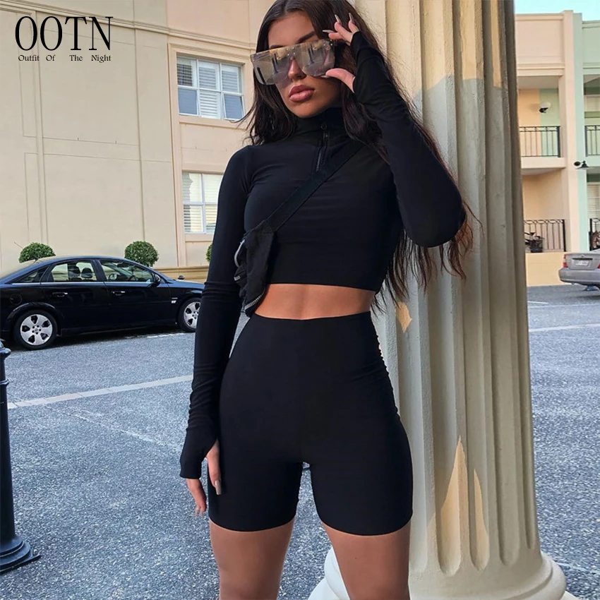 

OOTN 2020 Zipper Turn Down Collar Two Piece Set Top And Shorts Black 2 Piece Set Women Fashion Long Sleeve Matching Sets