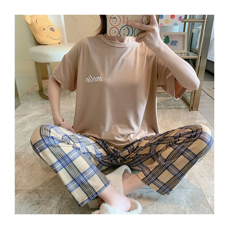 

Hot selling summer autumn ladies short-sleeved trousers 2-piece pajamas casual solid color home service