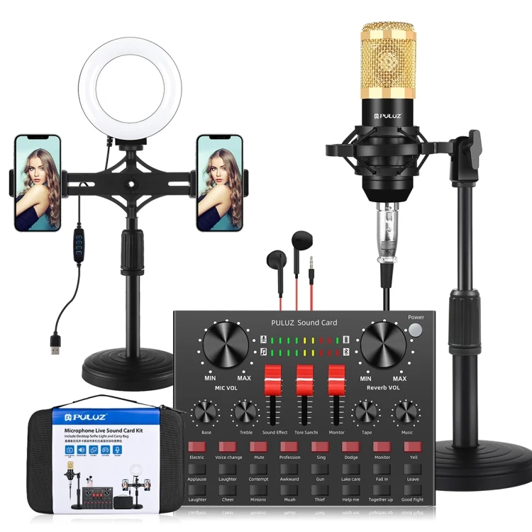 

Factory Price Puluz Stand Live Interview Sound Card Mixer With Ring Light Multiple Function Desktop Microphone Kits, Black