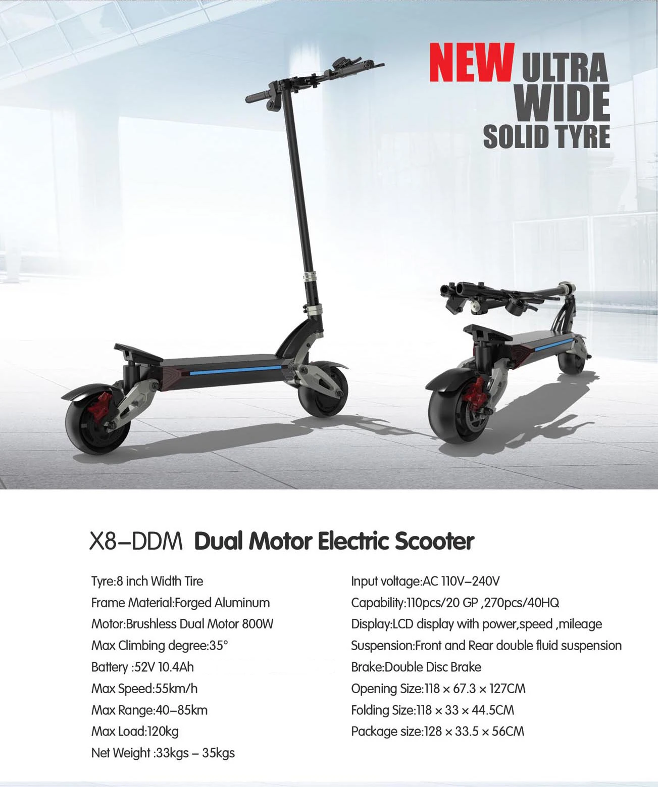 8 Inch 52v 26ah Foldable 1600w Dual Motor Electric Scooter Turkey