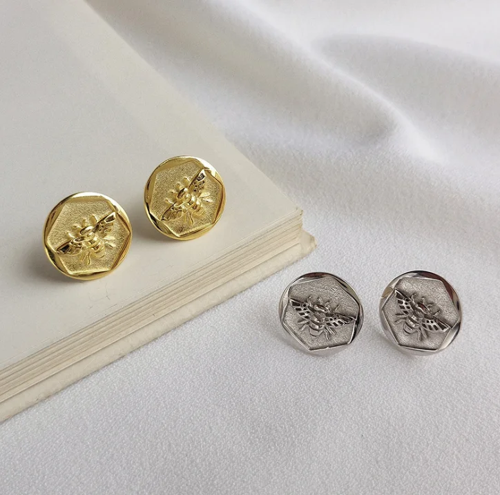 

Geometric Hexagon 925 Sterling Silver Earrings Textured Gold Bee Stud Earring