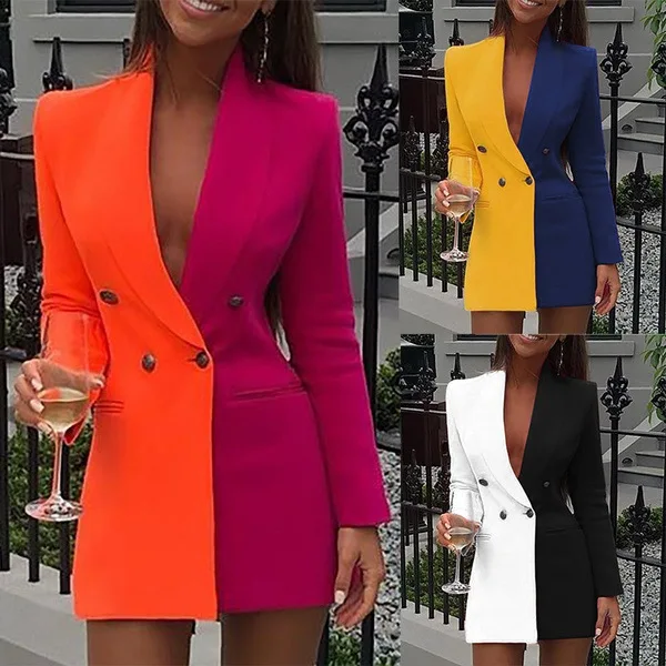 

2021 Wholesale Patchwork Two Color Ladies Blazers Dress Slim Long Sleeve Bodycon Double Breasted Women Blazer Dress With Pocket, Accept custom color