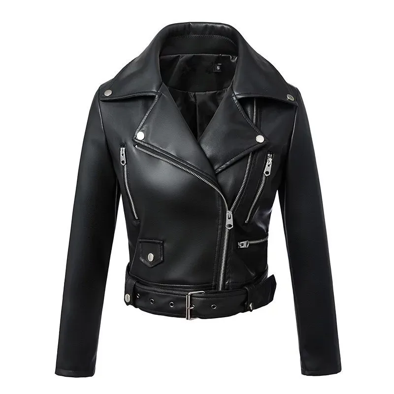 

New Women Autumn Winter Black Faux Leather Jackets Zipper Basic Coat Turn-down Collar Motor Biker Jacket With Belt