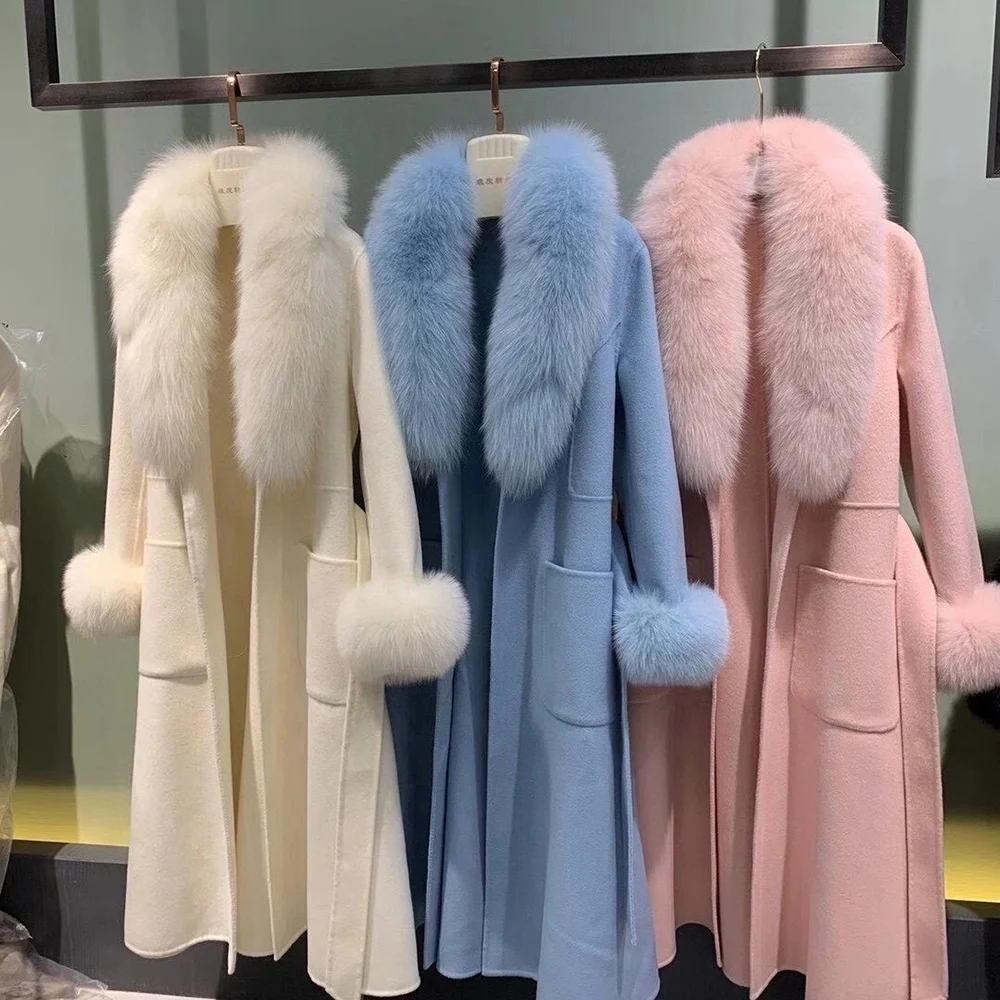 

New Arrival Real 100% Wool Coats Women Cashmere Coat with Fox Fur Collar, Customized color