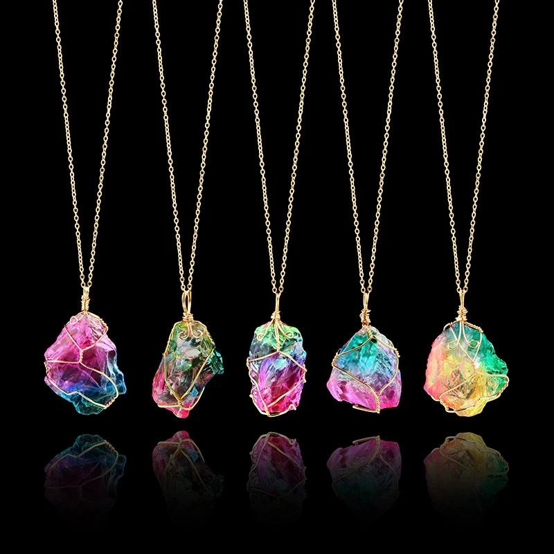 

Rainbow Natural Stone Pendant Necklace Fashion Crystal Chakra Rock Necklace Gold Color Chain Quartz Long Necklace For Women, Picture