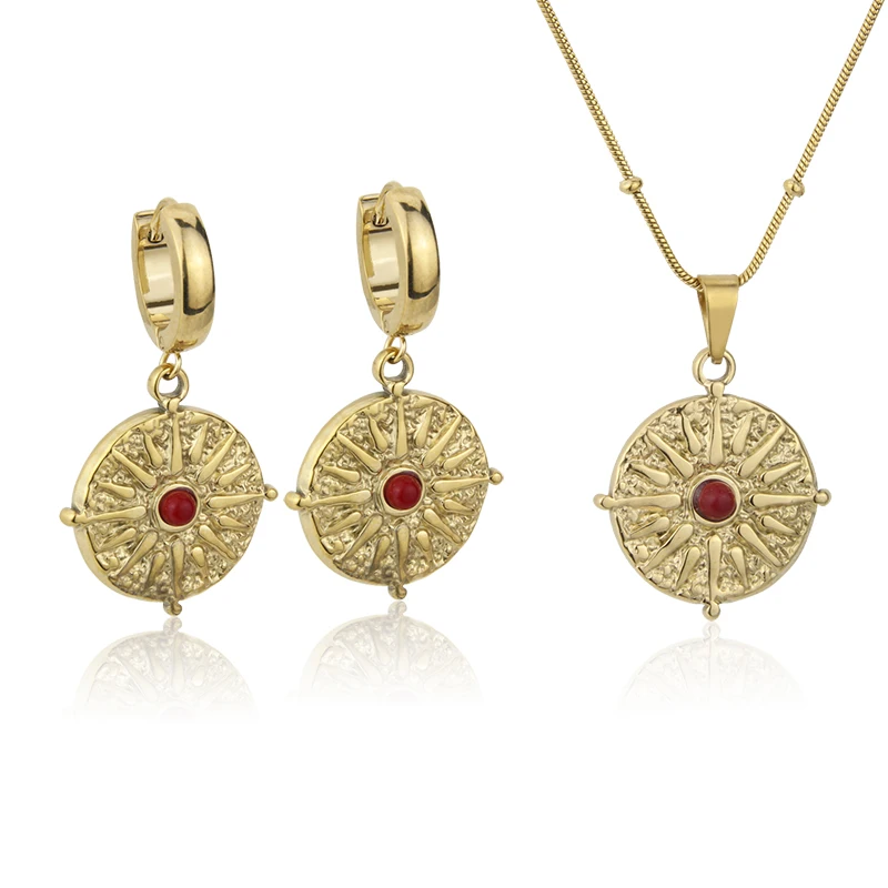 

18K Gold Plated Stainless Steel with Natural Stone Crystal Embossed Design Round Tag Necklace And Earrings For Women, Gold color