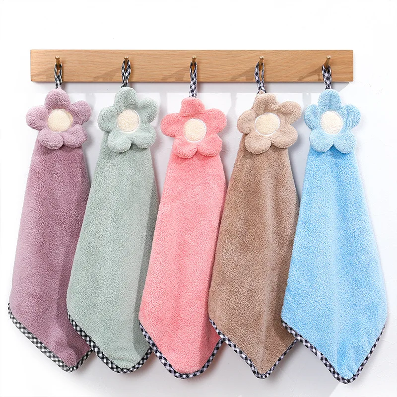 

Flower Hand Towels Kitchen Absorbent Dishcloth Lint-Free Cleaning Cloth Cleaner Bathroom Coral Velvet Hanging Towel