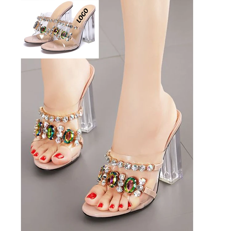 

Fancy and attracting rhinestone design women Logo print high heels sandals with beautiful silpper sandals closure shoes, Requirement