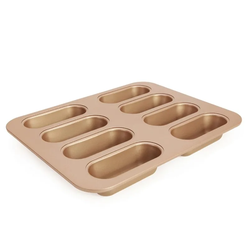 

Professional 8 Cups Non-stick Carbon Steel Hot Dog Bun Baking Trays Mould, Champagne gold