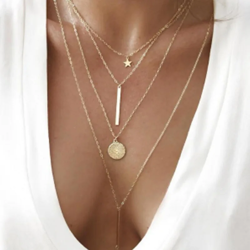 

Thin Chain Gold Plated Multi Layered Vertical Bar Charm Coin Star Pendant Necklace For Women