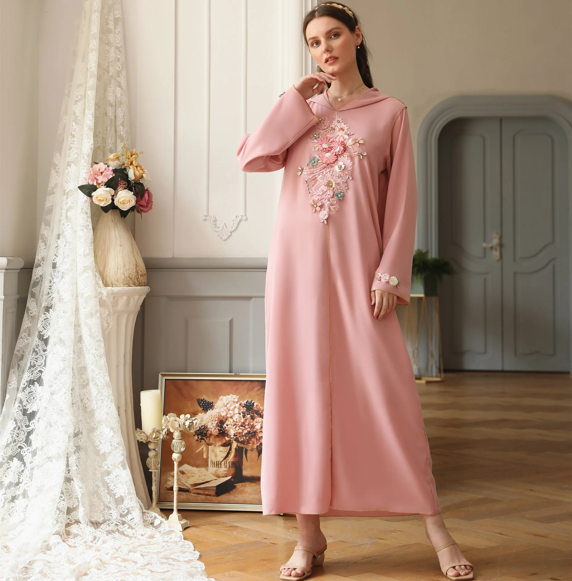 

FREE SHIPPING Muslim Women Modest Hooded Long Sleeve Maxi Dress Causal Wear Abaya Islamic Ladies Flower Dress, Pink