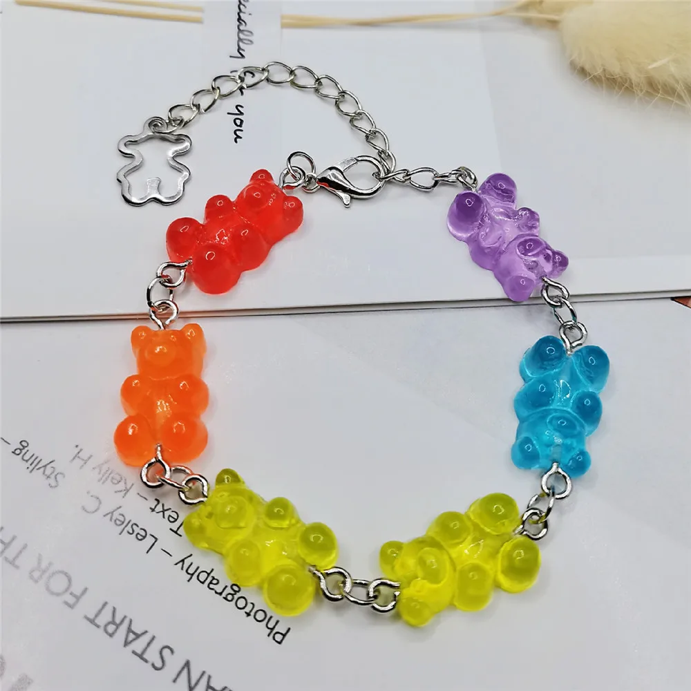 

Factory Direct Fashionable Cute Resin Rainbow Candy Little Bear Colorful Plastic Link Chain Charm Women Children's Bracelets
