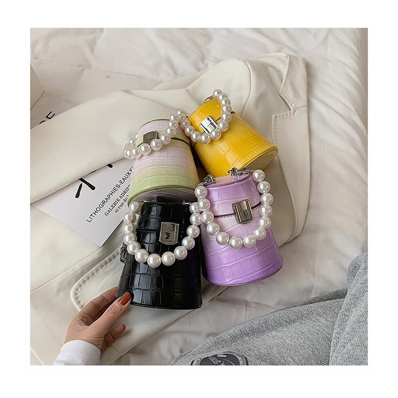 

Vintage Bucket Bag Women Gradient Color Mini Shoulder Messenger Bags Pearls Boxy Tote Ladies Luxury Crocodile Crossbody Bag