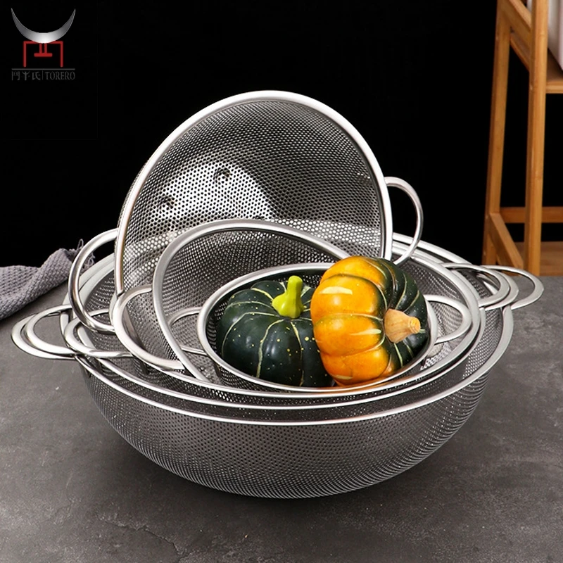 

Stainless Steel Mesh Micro-Perforated Strainer Colander Set Drain Basket With Double Handles Fast Draining Colander