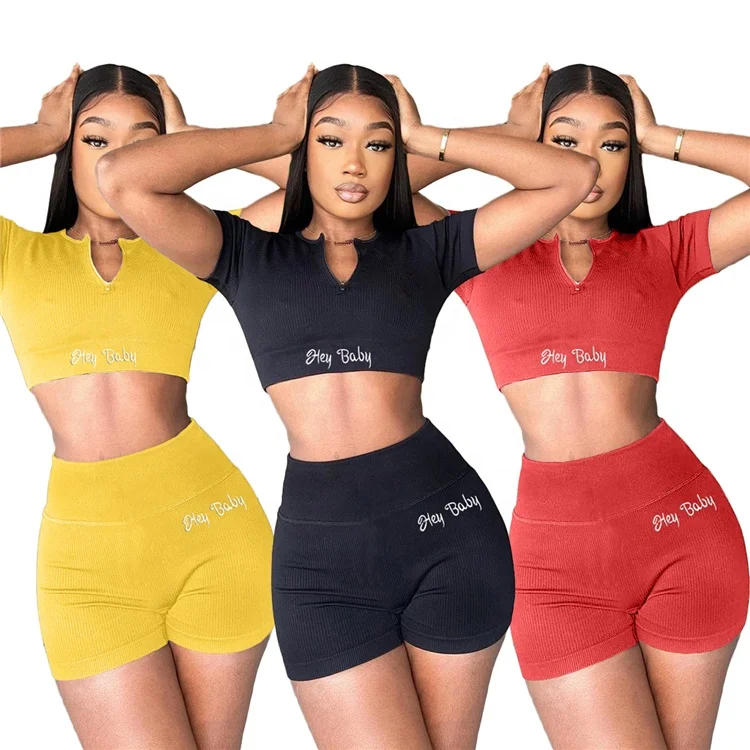 

Pure Color Short Sleeve Two Piece Shorts Set Jogger Women 2 Piece Pack, Picture