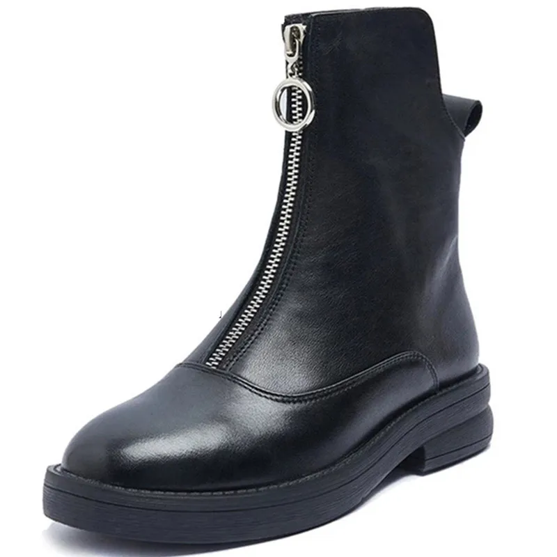 

2021 Warm Fur Winter Boots Women Genuine Leather Ankle Boots For Women Front Zipper Short Boots British INS Style Platform Shoes