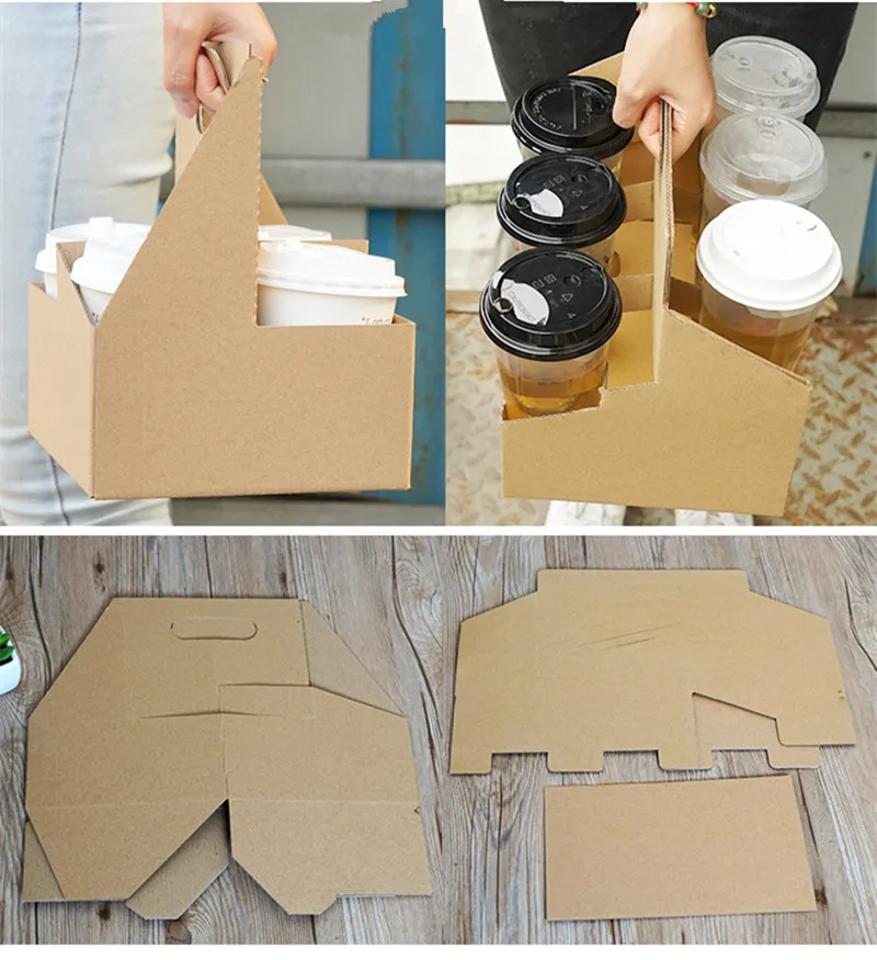 kraft paper cup holder 2/4/6 cup coffee milk tea takeout packaging box thickened paper plastic cup beverage tray