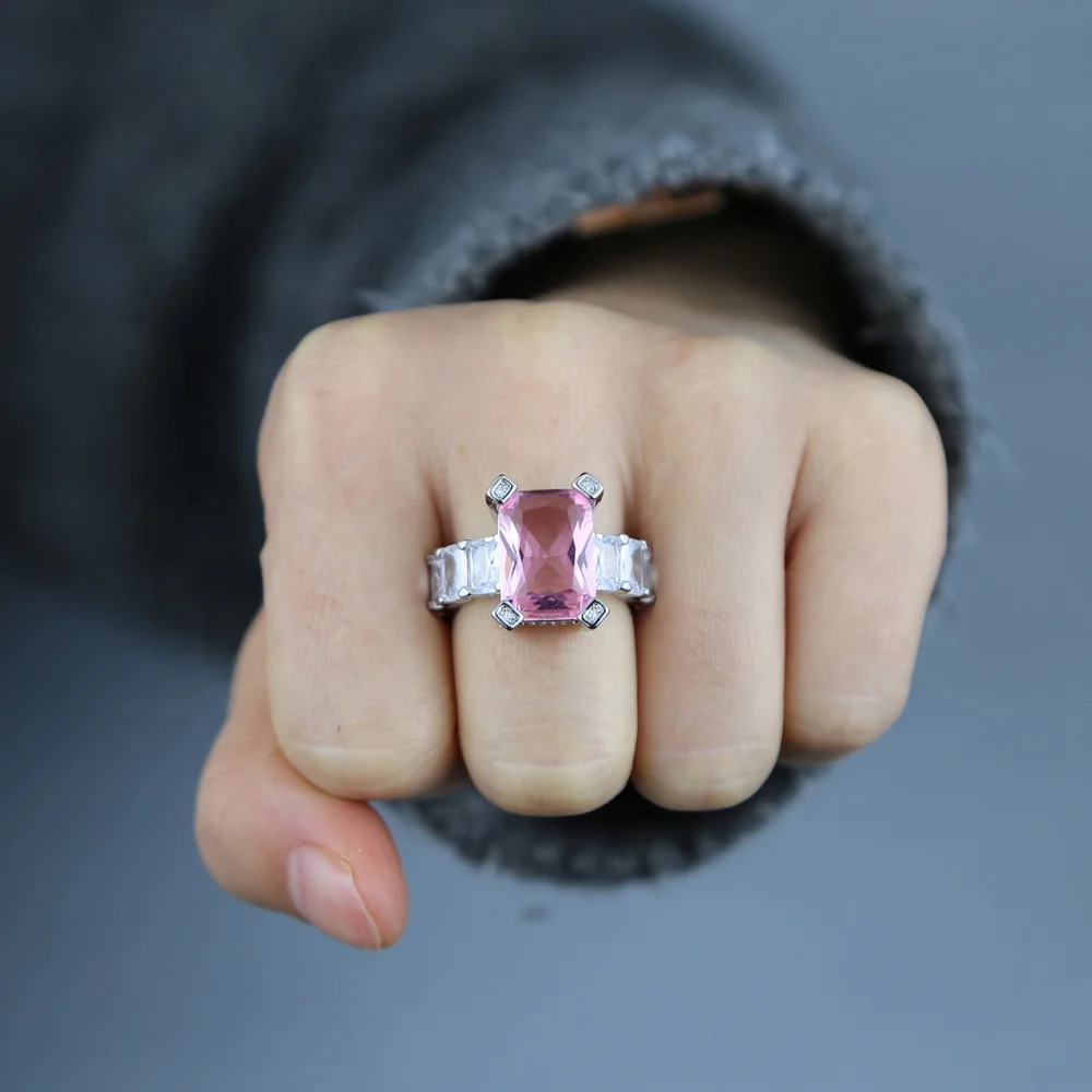 

Popular Women New Wedding Band Ring With Pink White Baguette CZ Paved Big stone wide band finger rings bulk