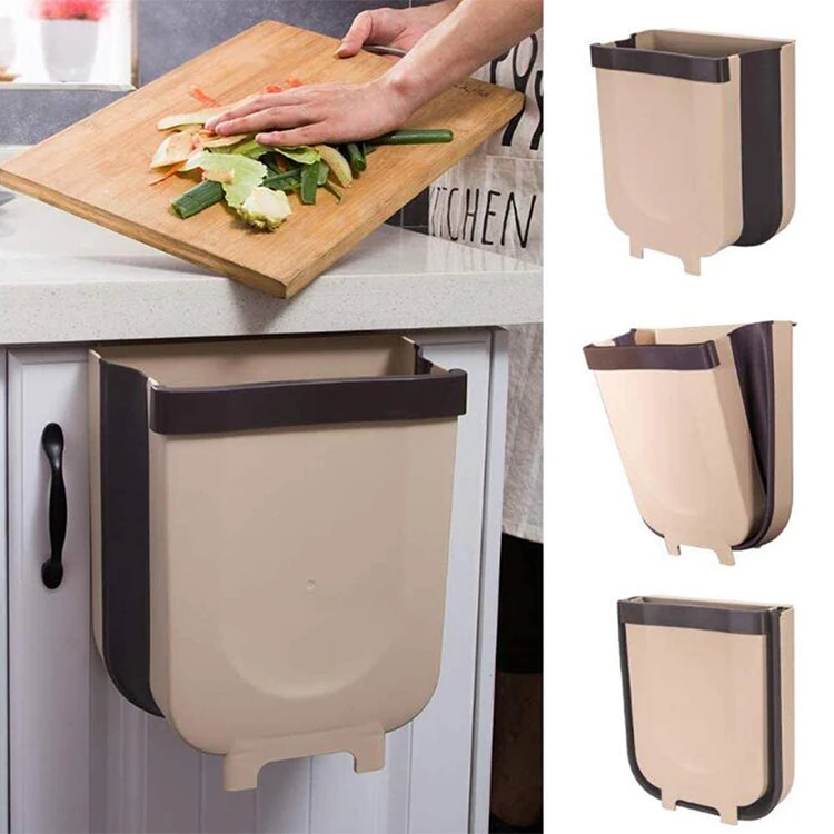 

Hot Sell Multifunctional Compressible 10L Large Plastic Kitchen Wall Mounted Folding Waste Bin, Brown / white