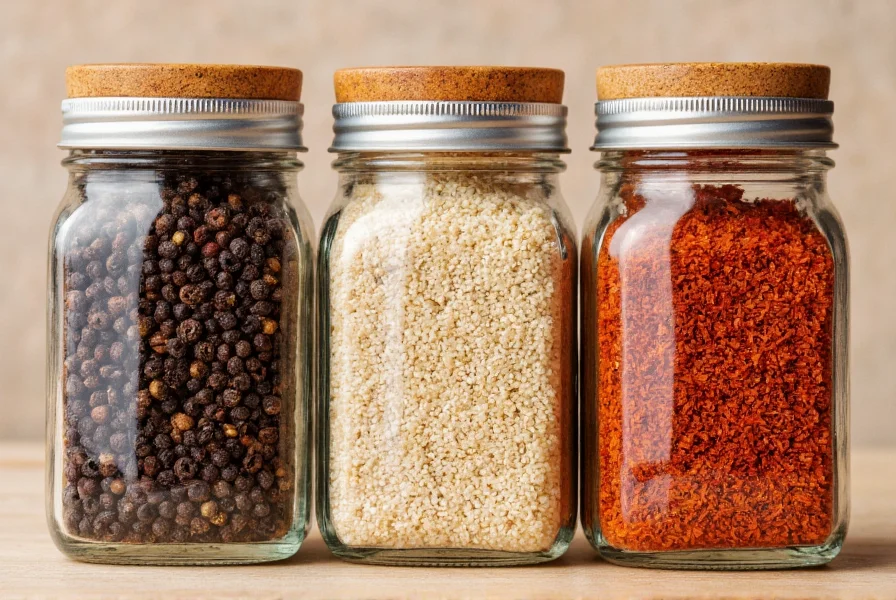 Various types of pepper displayed in glass jars showing black peppercorns, white pepper, and chili flakes