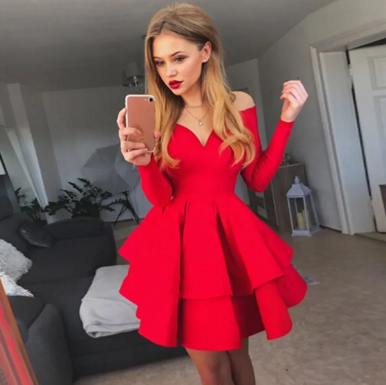 

Sexy women Midi long sleeve bud Dresses off shoulder Ruffles V-Neck Bodycon Cocktail Party Dress
