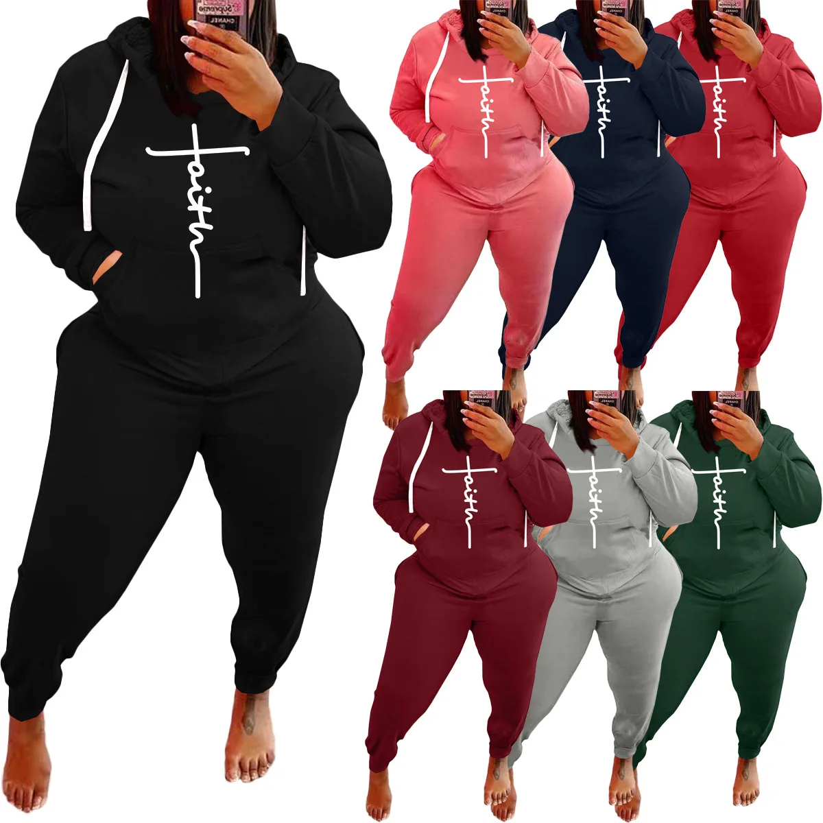 

High Quality Hoodie And Jogging Pants Set Women Tracksuit Plus Size Oversized Sweatsuit Faith Print Sweatpants And Hoodie Set