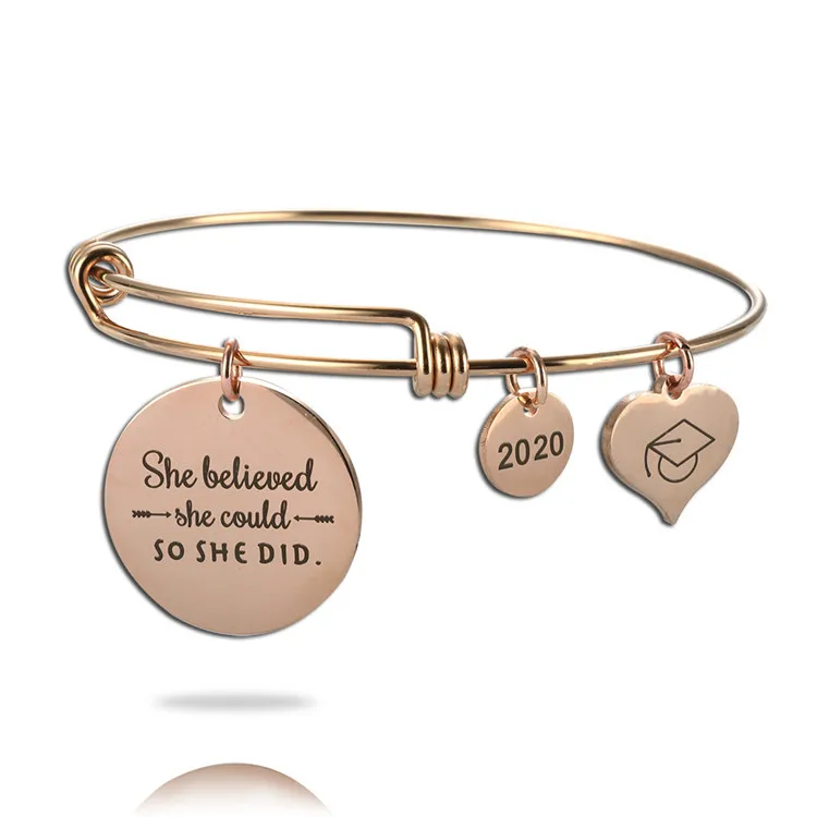 

2020 She Believe She Did So She Did Graduate Gift Alex Bangle Ani Charms Bracelet, Steel/gold/rose gold