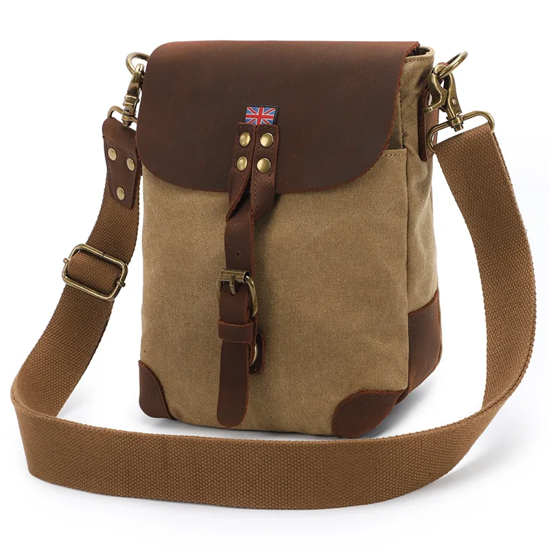 

Luxury waterproof waxed canvas and leather crossbody bag for men real leather small vintage adjustable shoulder bag, Green,khaki