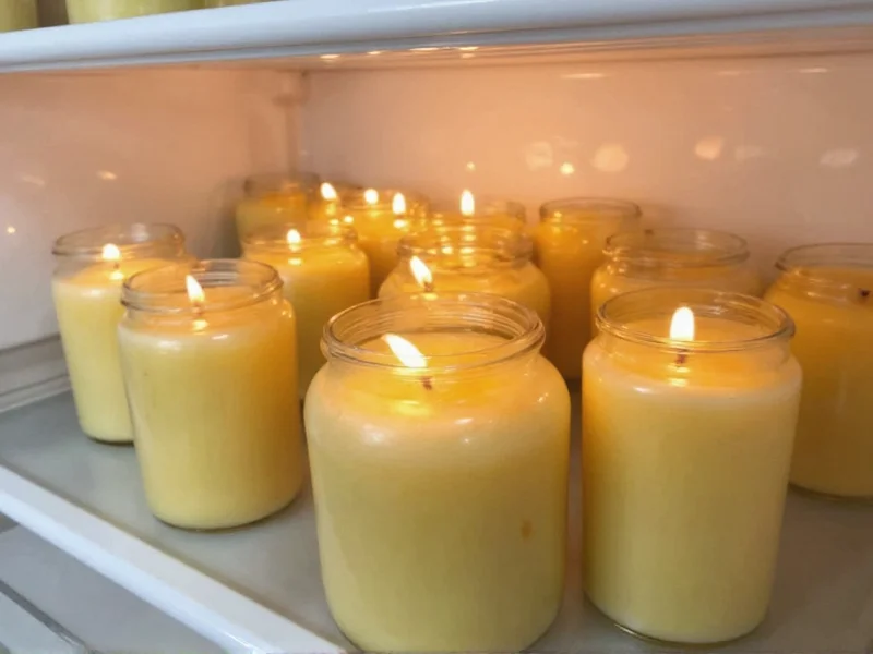 Homemade candles curing in refrigerator