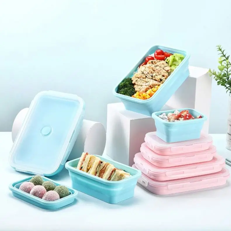 

Portable Foldable 2 Compartment School Lunch Box Food Heating Lunch Box silicone folding lunch box collapsible silicone bento, Customized