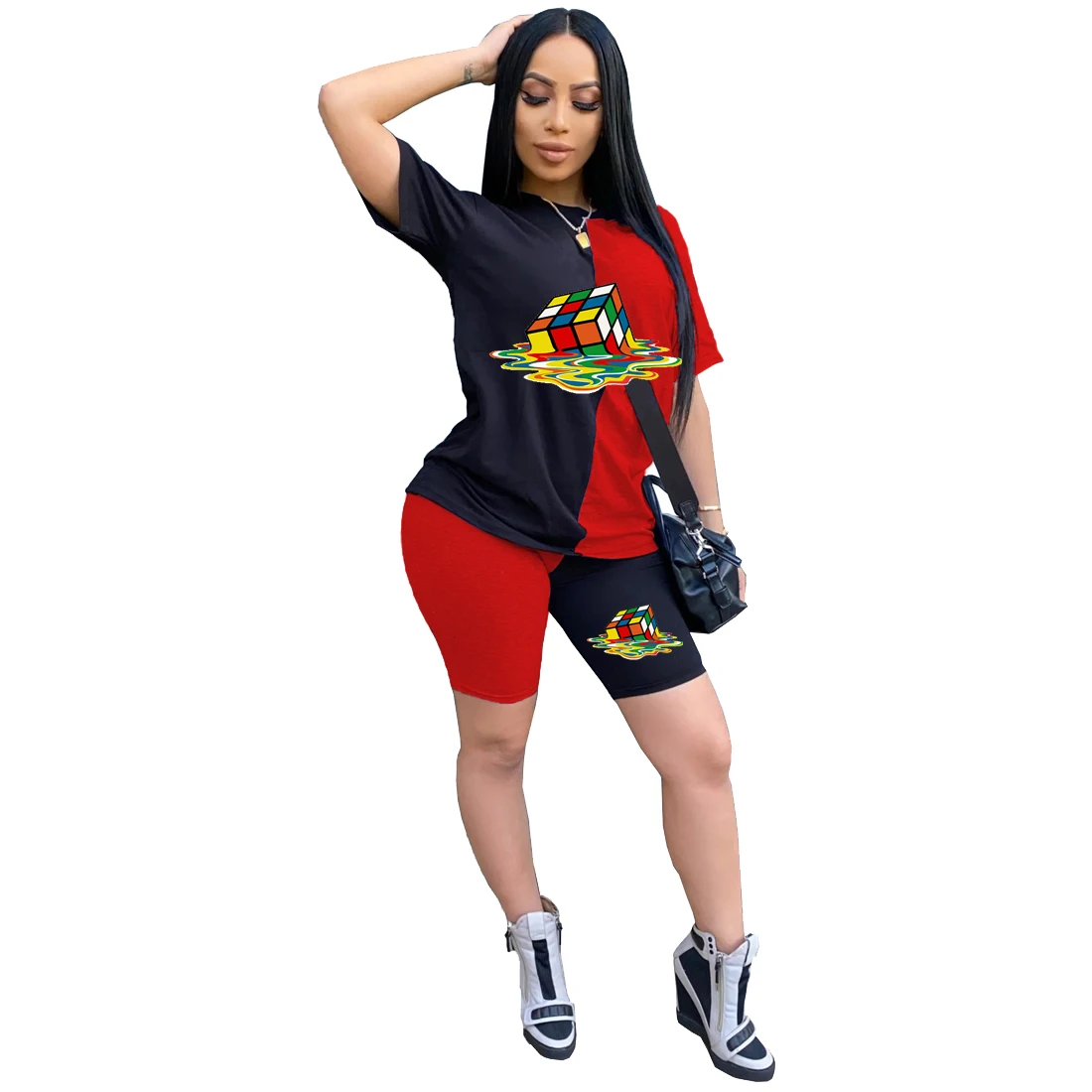 

Popular European and American women's fashion casual color contrast Rubik's cube printing two piece set