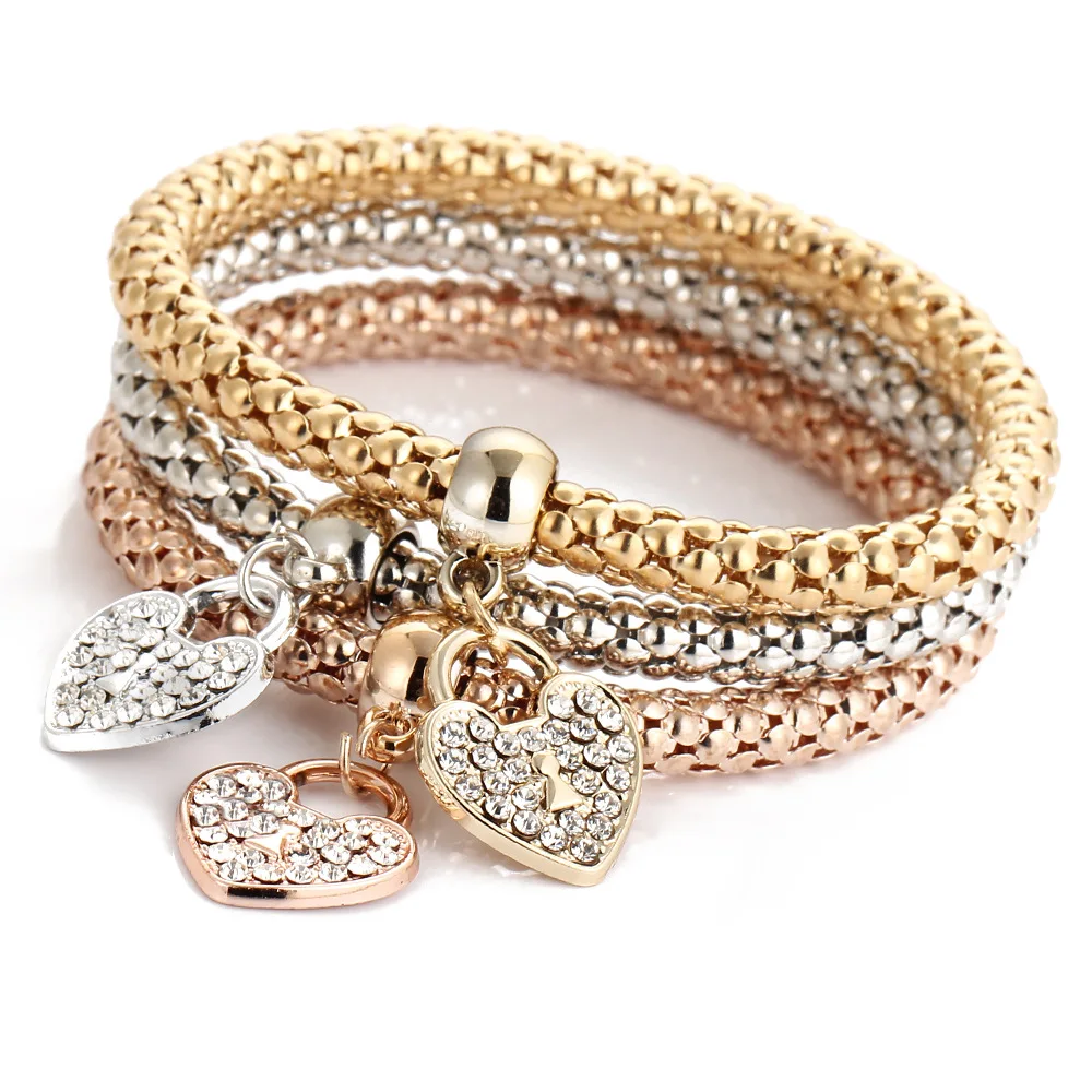 

Fashion Three Colors Gold charm rhinestone heart bracelet set for women wholesale N95203, Picture