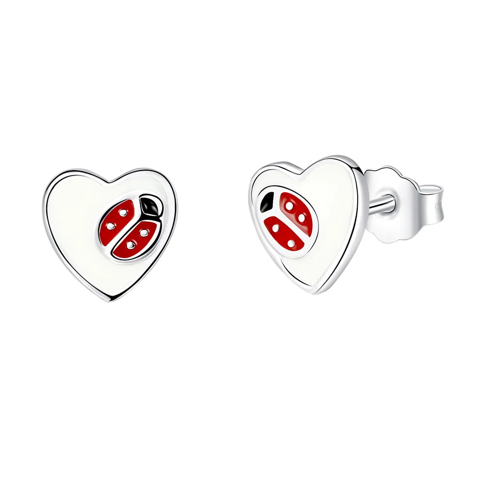 

Lovely 925 Sterling Silver Ladybug Stud Earrings Heart Shape Red Enamel Earrings For Woman Authentic Little Girl Jewelry Gift