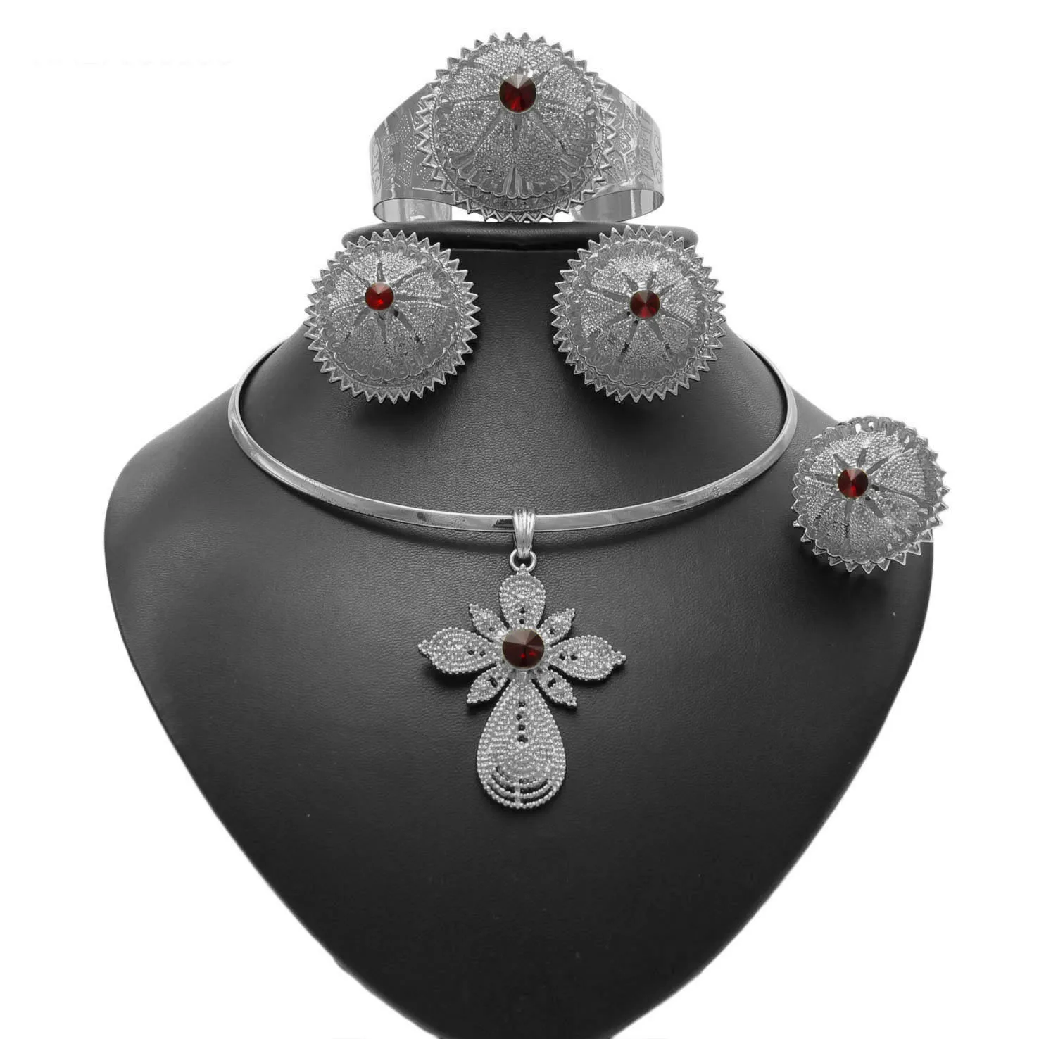 

Ethiopian Ethlyn Jewelry Sets Silver Color Habesha Nigeria Eritrea Kenya Habesha Style set in Natrual Red Crystal Jewllery Sets