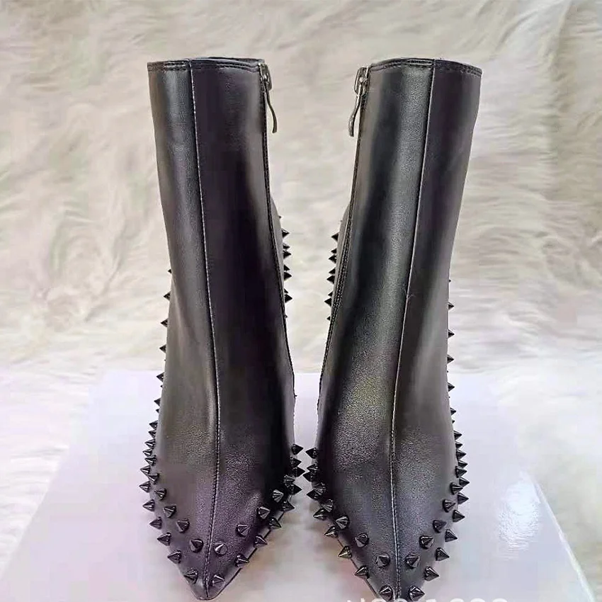 

2021 Fashion Black Sexy Rivets Short Booties Pointed Toe Stiletto Heel Big Size 43 Women's Boots With Side Zipper Leather Shoes, Black,grey,