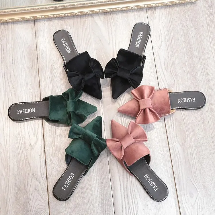 

SD-099 2020 Fashion latest plain loafer slipper solid sude bow ties pointed slipper sandals ladies elegant slipper, Picture show