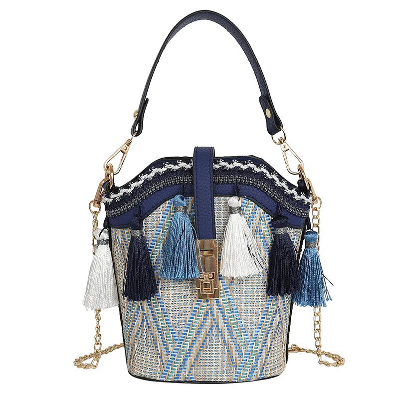 

2021 Handmade National Style Bucket Ice Cream Girls Shoulder Messenger Bags Crossbody Mini Designers Straw Bags Women Handbags, 3 colors