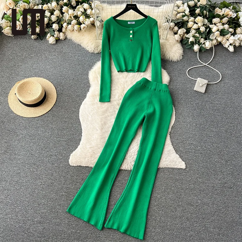 

Liu Ming Fashionable New Women Clothing Knitted Crop Tops Flared Pants Casual Two Piece Set