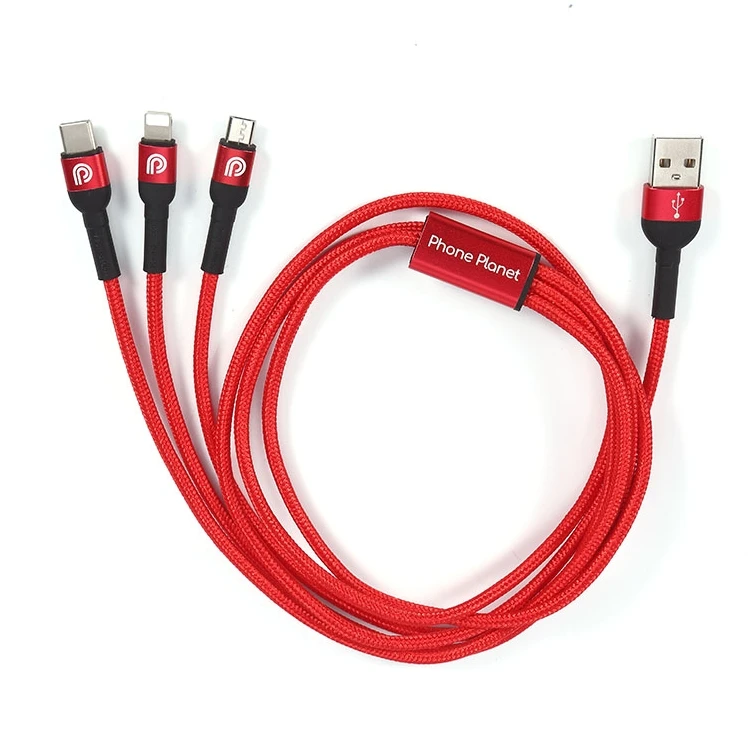 

Phone Planet 3 in 1 USB Mobile Phone Fast Charging Cable Black Red Nylon Braided Type C Micro USB Data Cable For IPhone Android