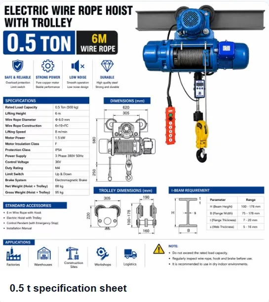 CD 0.5 ton wire rope electric hoist specification sheet