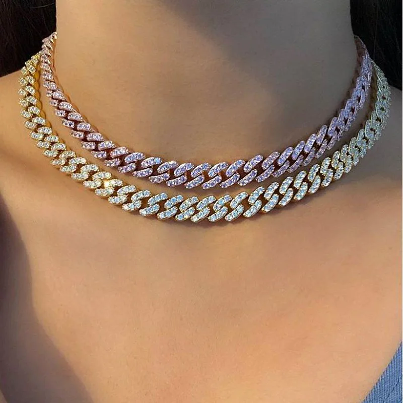 

hip hop bling chain rose gold plated pink cz Miami cuban link women men necklace