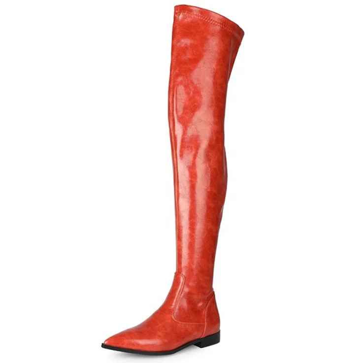 

Sexy Women Orange Stretch Orange Thigh High Boots Pointed Toe Flat Shoes Women Fashion Leather Winter Over the Knee High Boots, Orange,apricot,grey