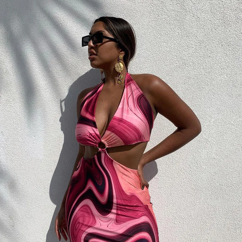 

2021 Women's Casual Summer Sexy Clothing Stylish Club Floral Dresses Hollow Out Halter Bodycon Dress, Customized color