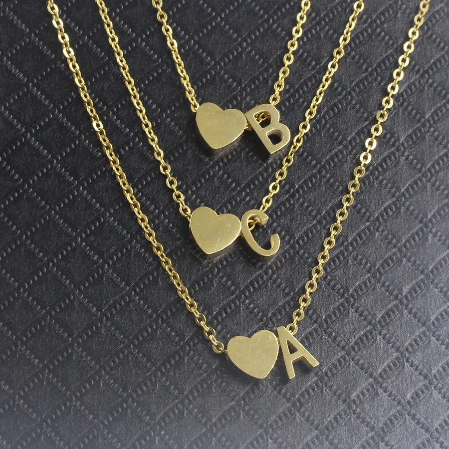 

Fashion Stainless Steel Letter Heart Pendant Alphabet Name Personalised 18K Gold Plated Initial Necklace