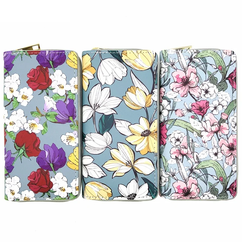 

2021 Hot European and American flower PU wallet Ladies long zipper bag purses and handbags for lady factory custom spot