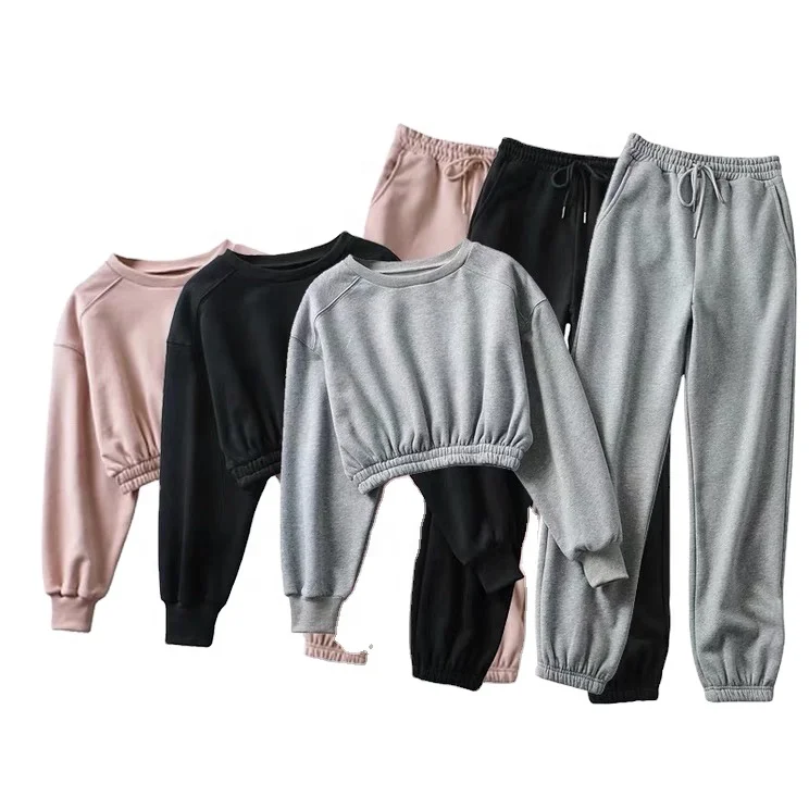 

New Arrival Custom Pattern Women Sweatsuit Fashion Cotton Fleece Gray Soft Crop Top Crewneck Jogger Set Tracksuit, Provide color swatch for choose