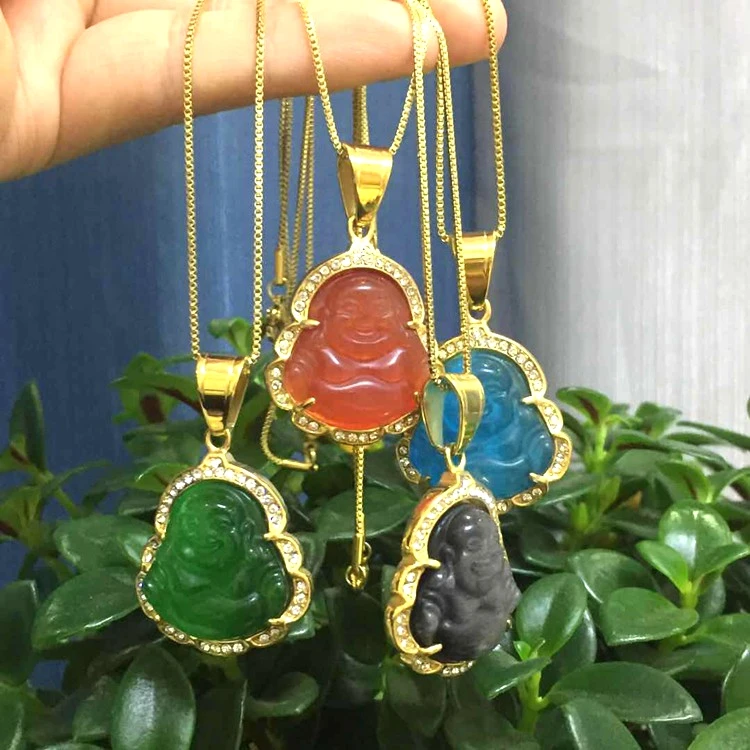 

Jialin jewelry ins iced out obsidian black cat eye natural green Emerald jade laughing Buddha pendant necklace