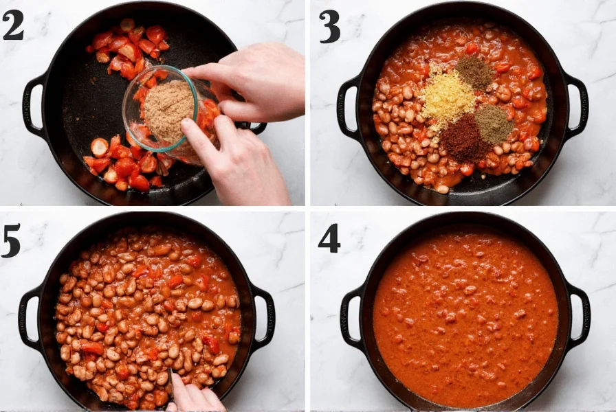 Step-by-step preparation of vegetarian chili with beans, tomatoes, and spices in a cast iron pot