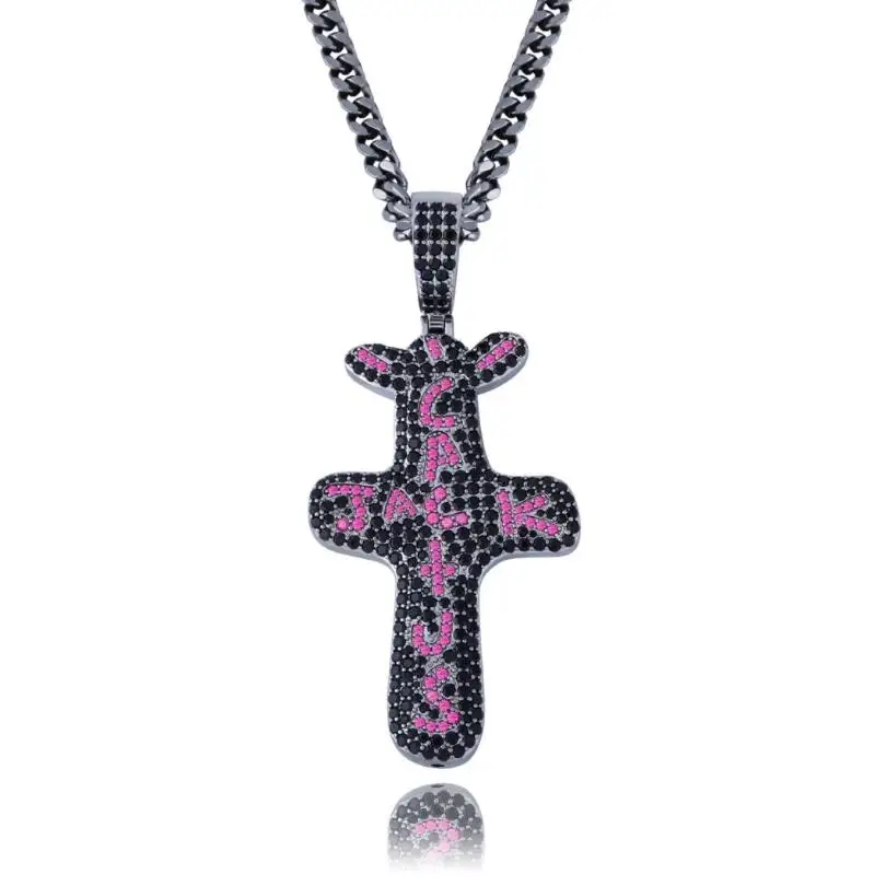 

Topgrillz Ins Hot Sell Iced Out Black Red Jack Charm Pendant Cross Cuban Link Necklace, Red+black